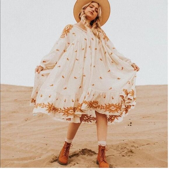 Free People Lavender Fields Long Sleeve A-Line Midi Dress Cream Women's Size L - Picture 1 of 13